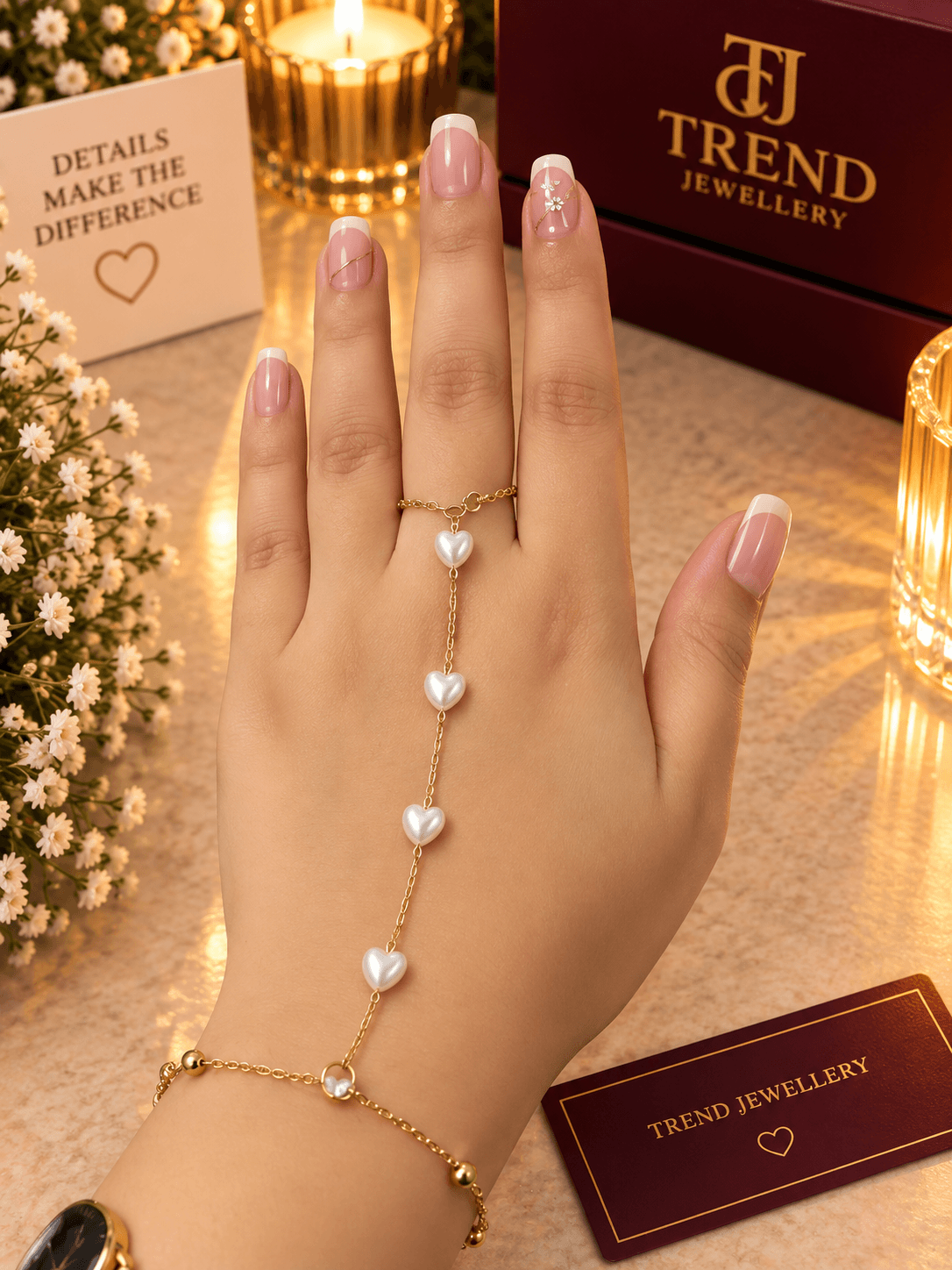 Four Pearl Heart Crystal Hand Chain Stainless Steel