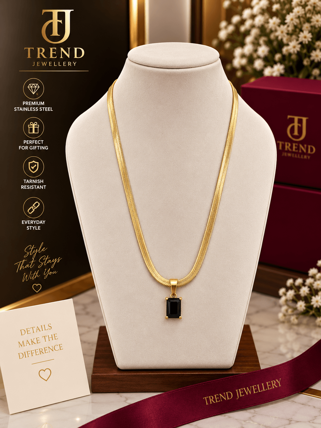 Emerald Cut Black Stone Herringbone Necklace Stainless Steel