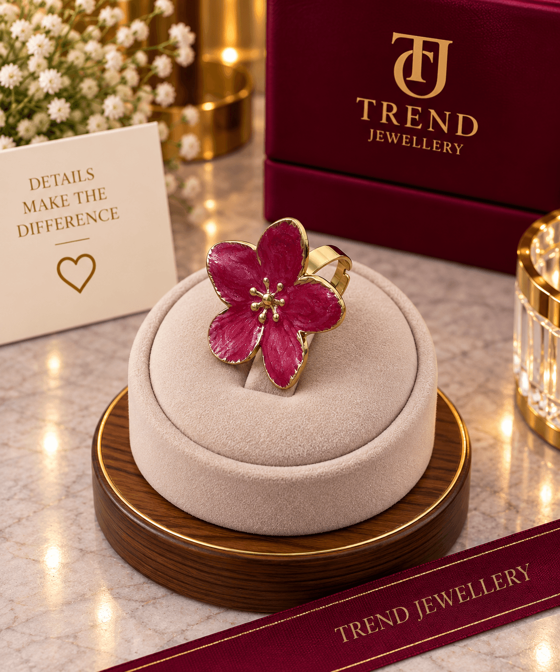 Magenta Enamel Flower Ring Stainless Steel