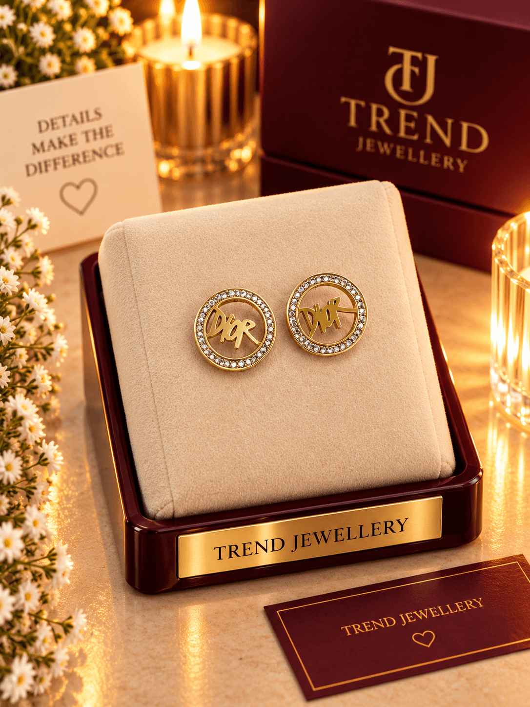 Script Circle Crystal Stud Earrings Stainless Steel