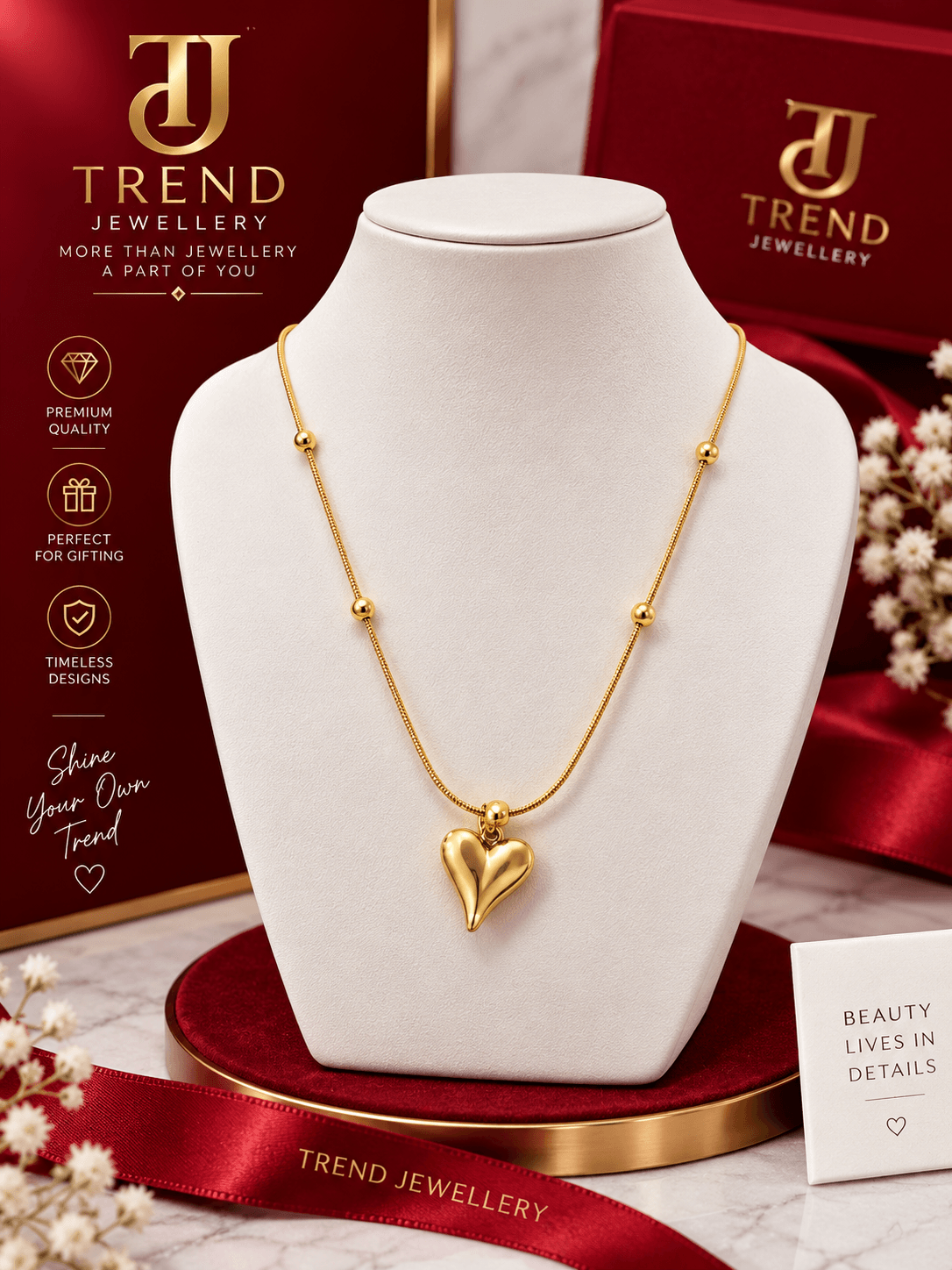 Gold Puffy Heart Bead Necklace Stainless Steel
