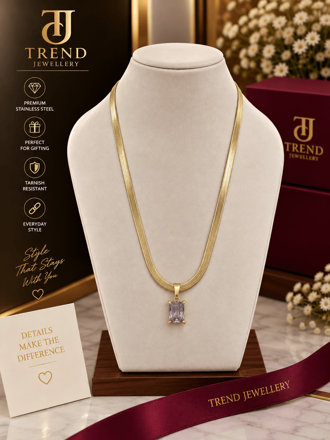 Purple Emerald Cut Herringbone Necklace Stainless Steel
