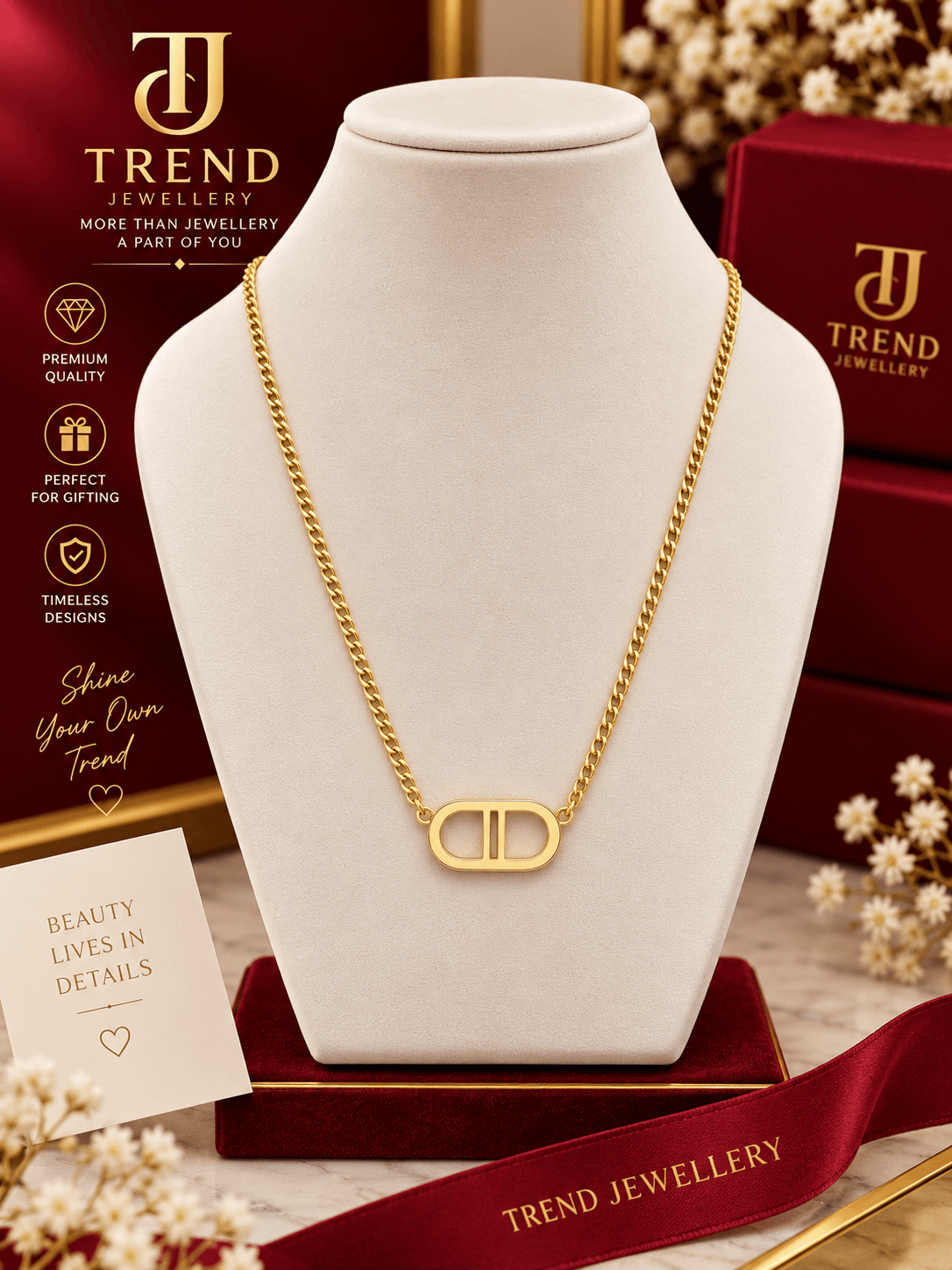 Gold Geometric Oval Pendant Necklace Stainless Steel
