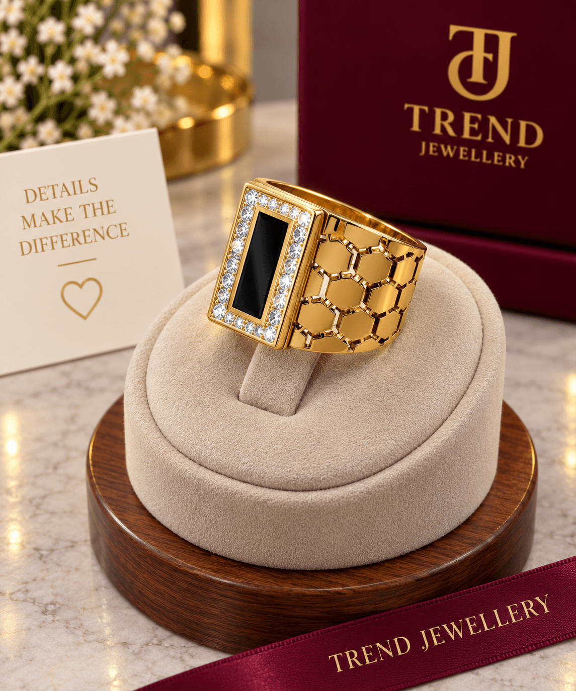 Honeycomb Black Rectangle Crystal Ring Stainless Steel