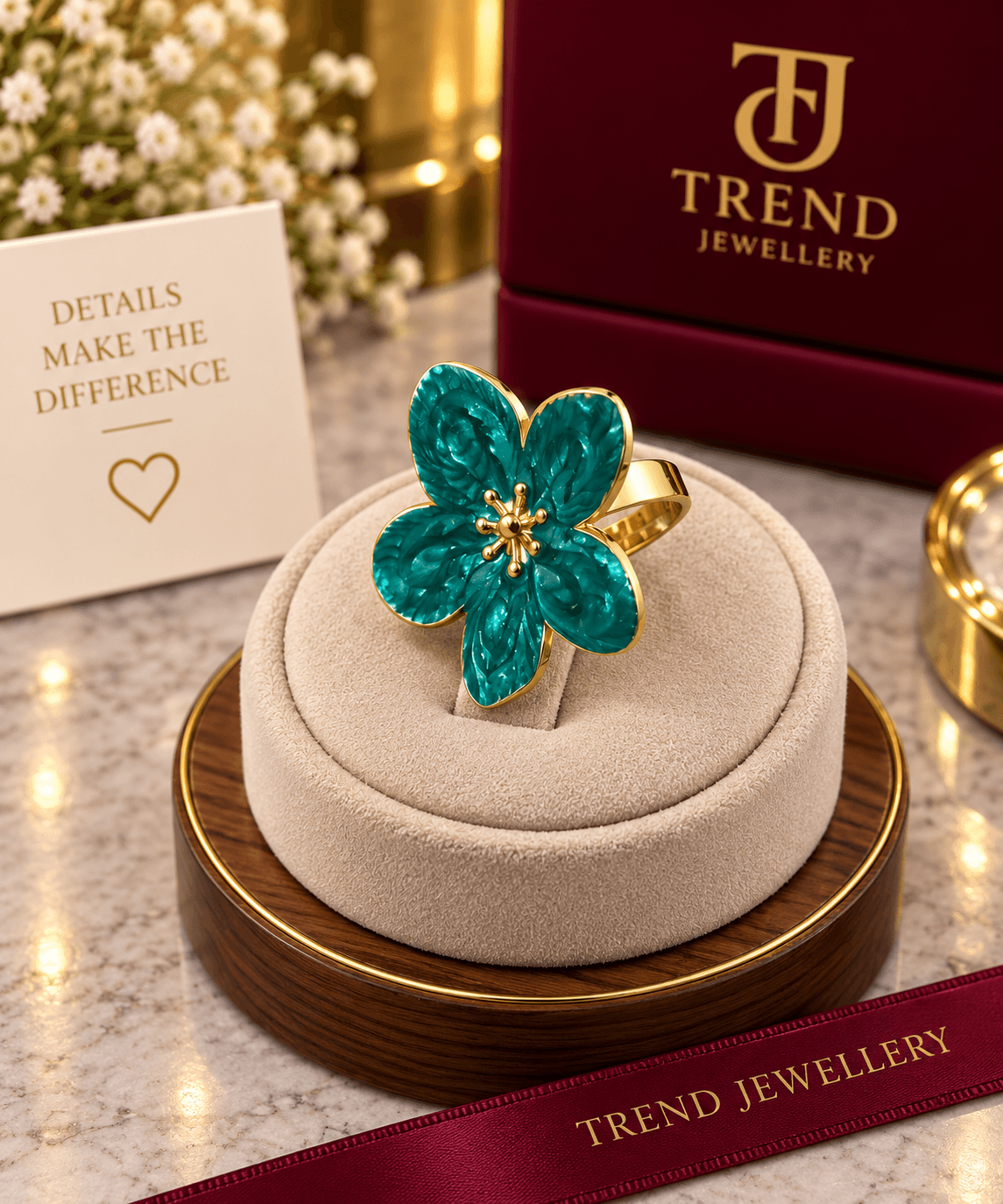 Teal Enamel Flower Statement Ring Stainless Steel
