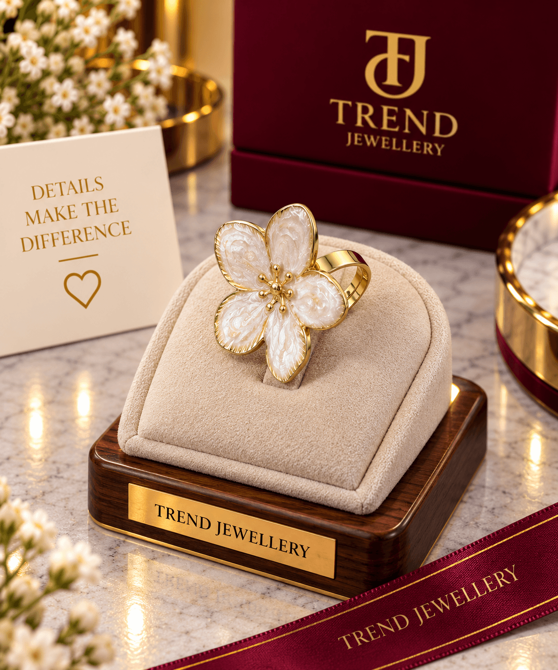 White Marble Flower Statement Ring Stainless Steel