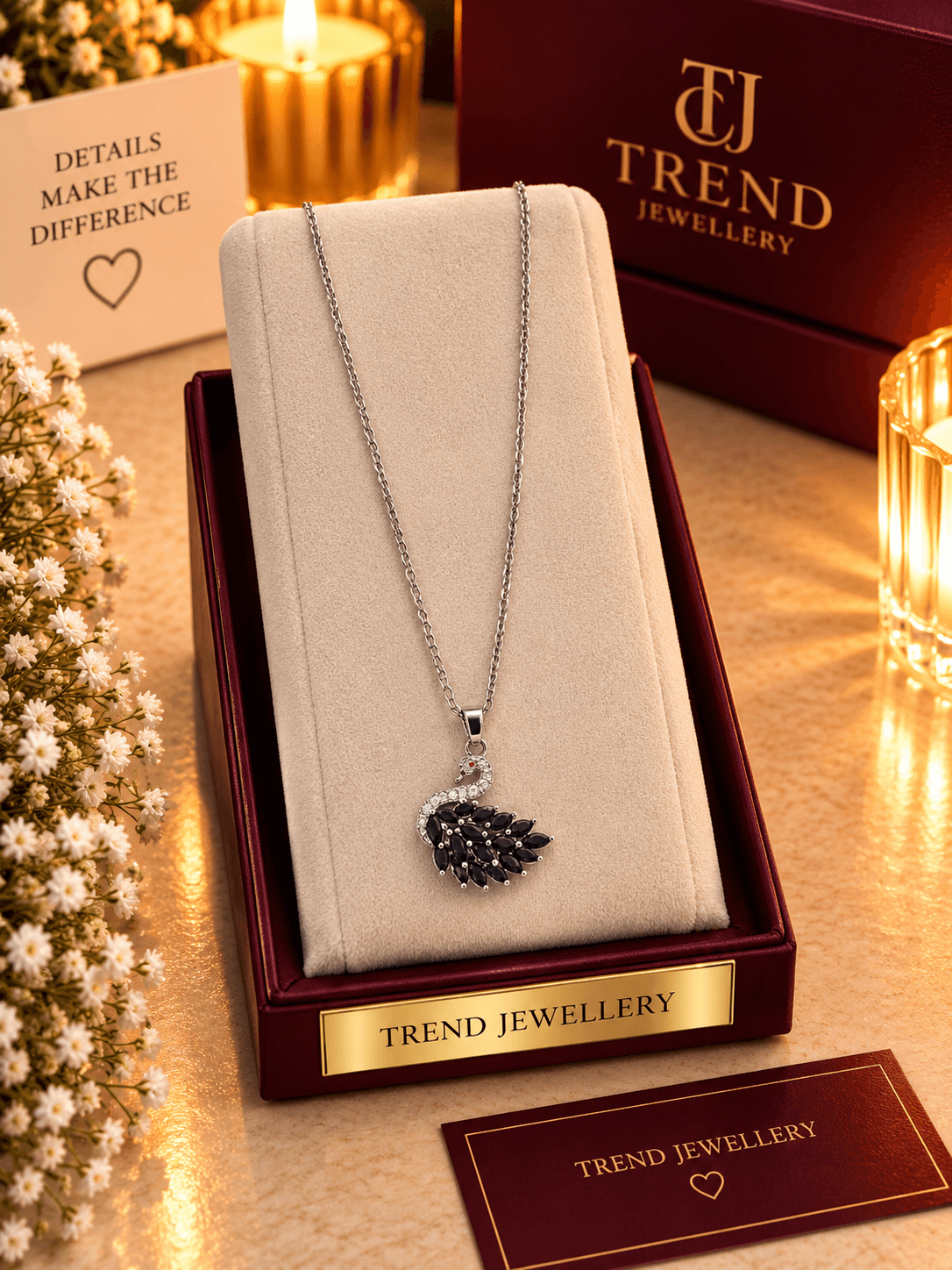 Sapphire Feather Swan Pendant Necklace Stainless Steel