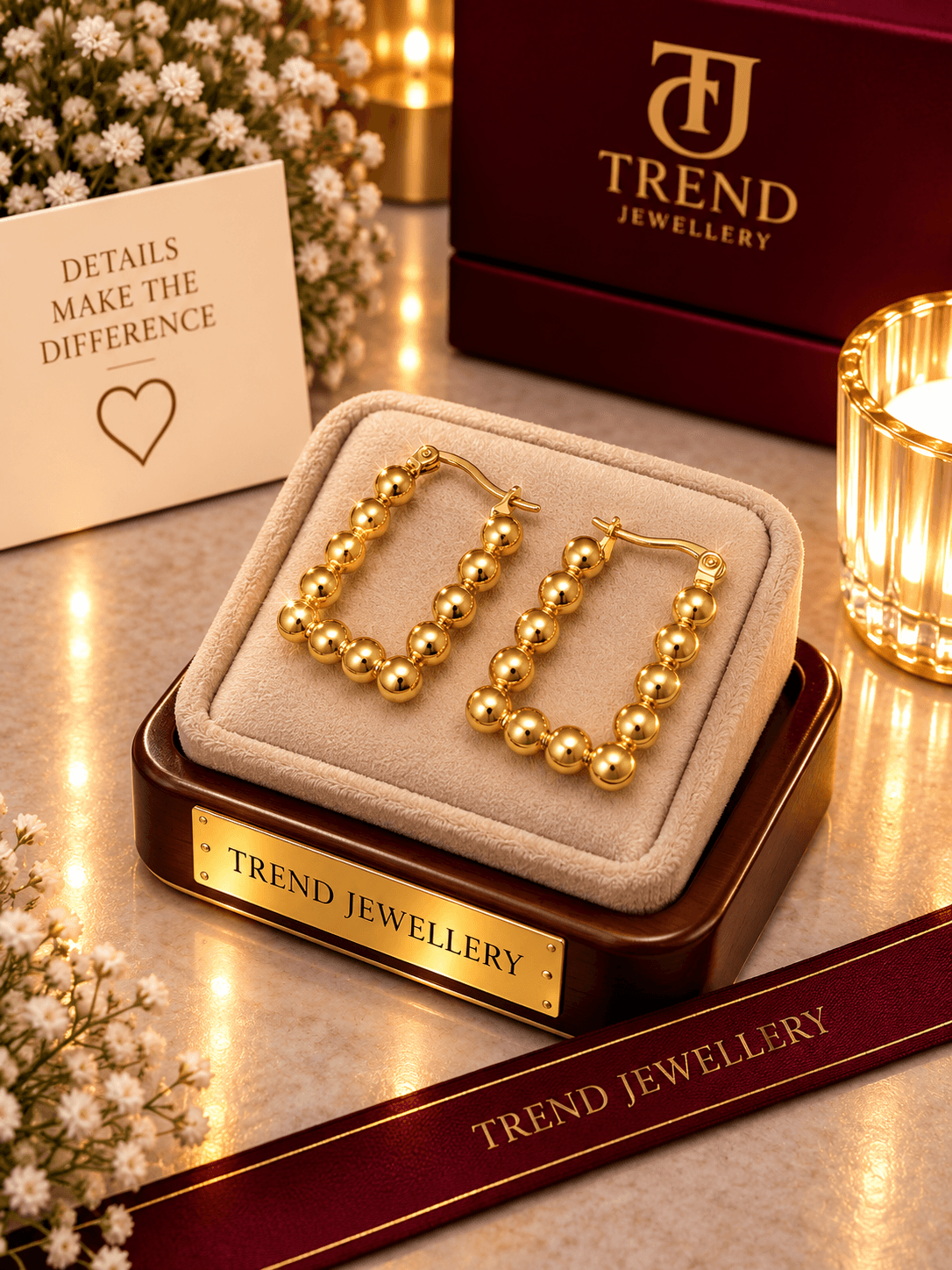 Gold Beaded Rectangular Hoop Earrings Stainless Steel