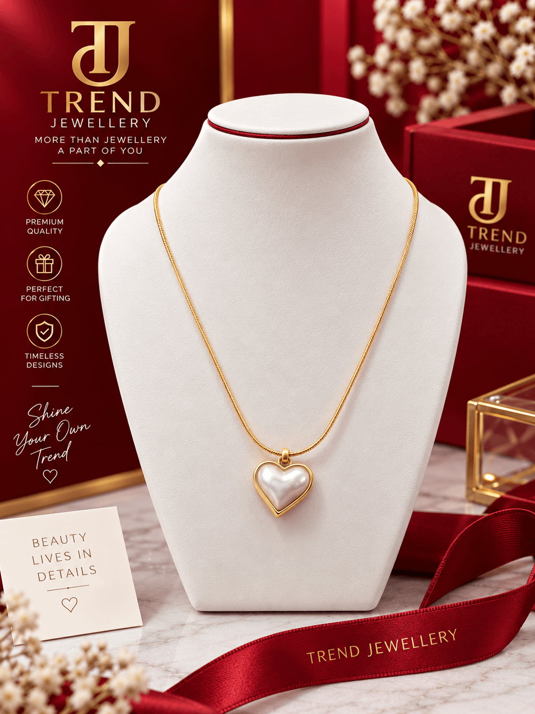 Heart Pearl Pendant Necklace Stainless Steel
