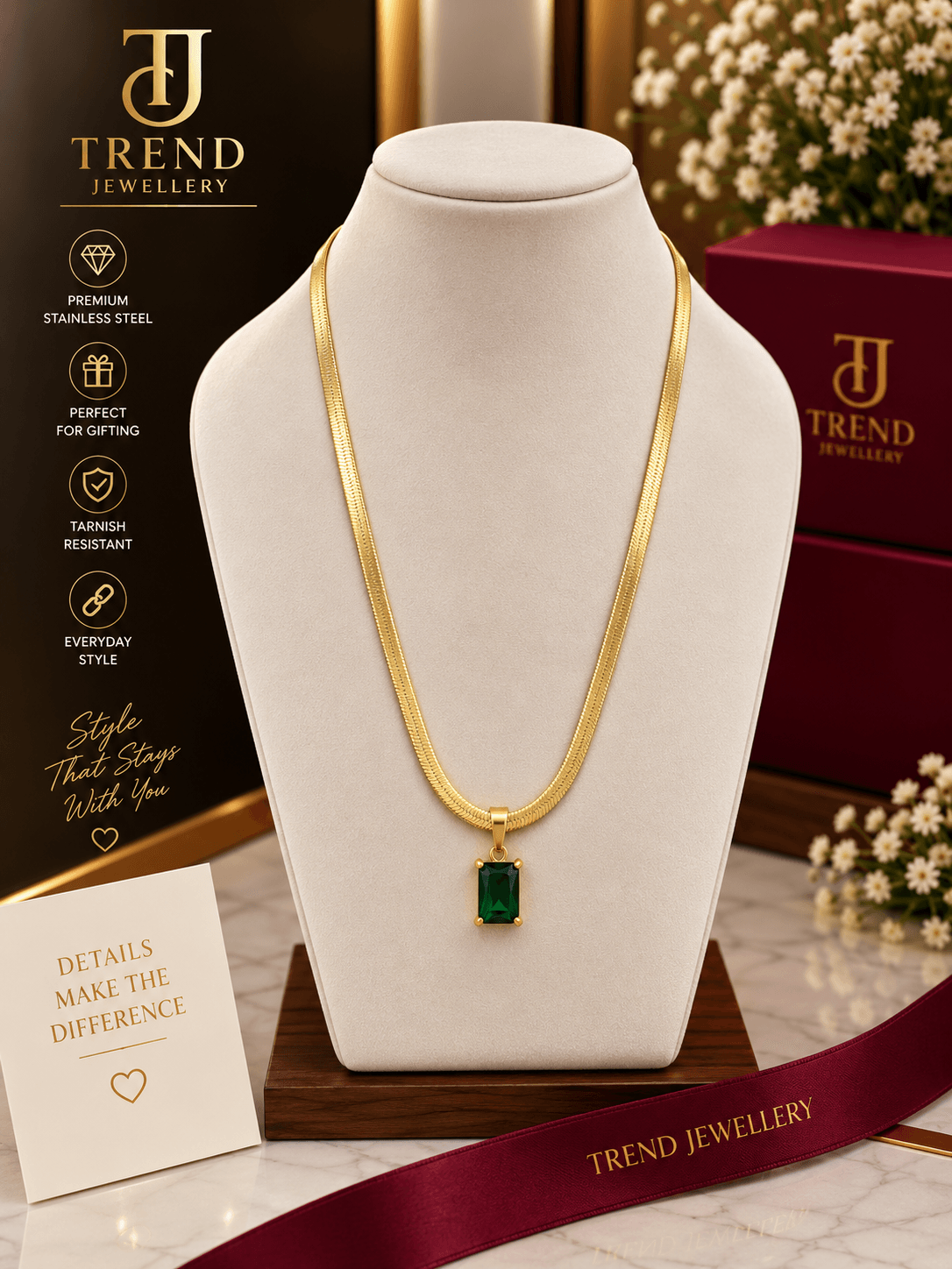 Green Emerald Cut Herringbone Necklace Stainless Steel
