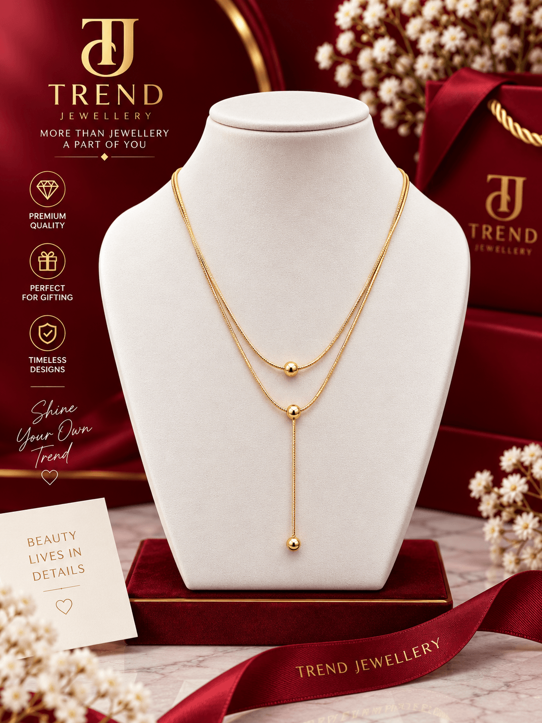 Double Layered Gold Bead Y Necklace Stainless Steel
