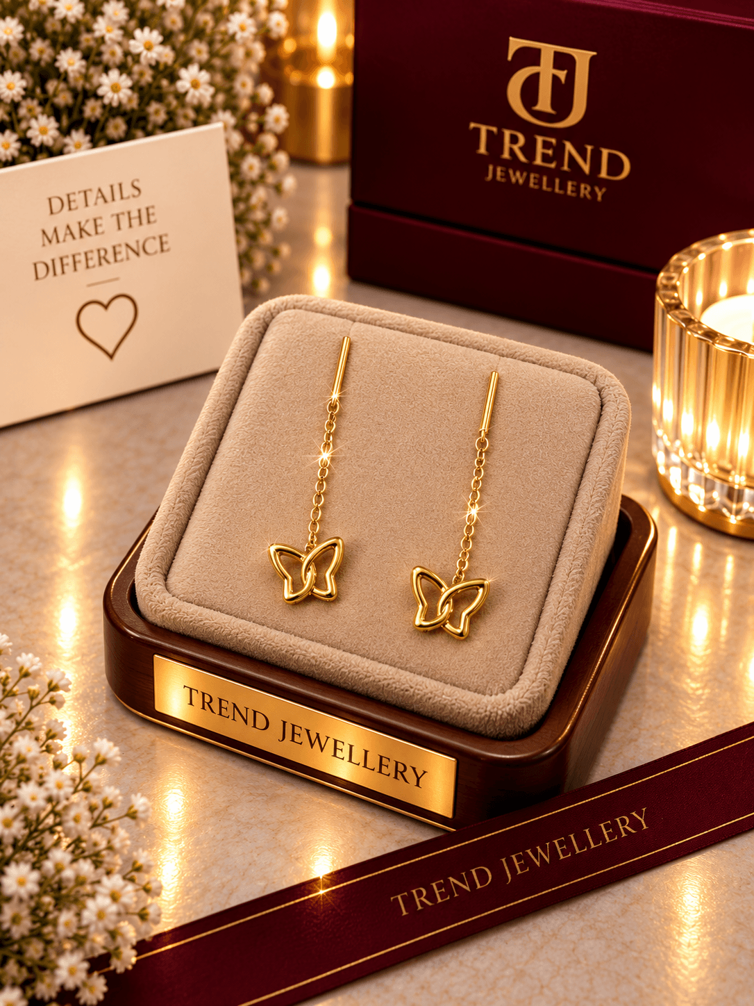 Gold Butterfly Drop Chain Earrings Stainless Steel