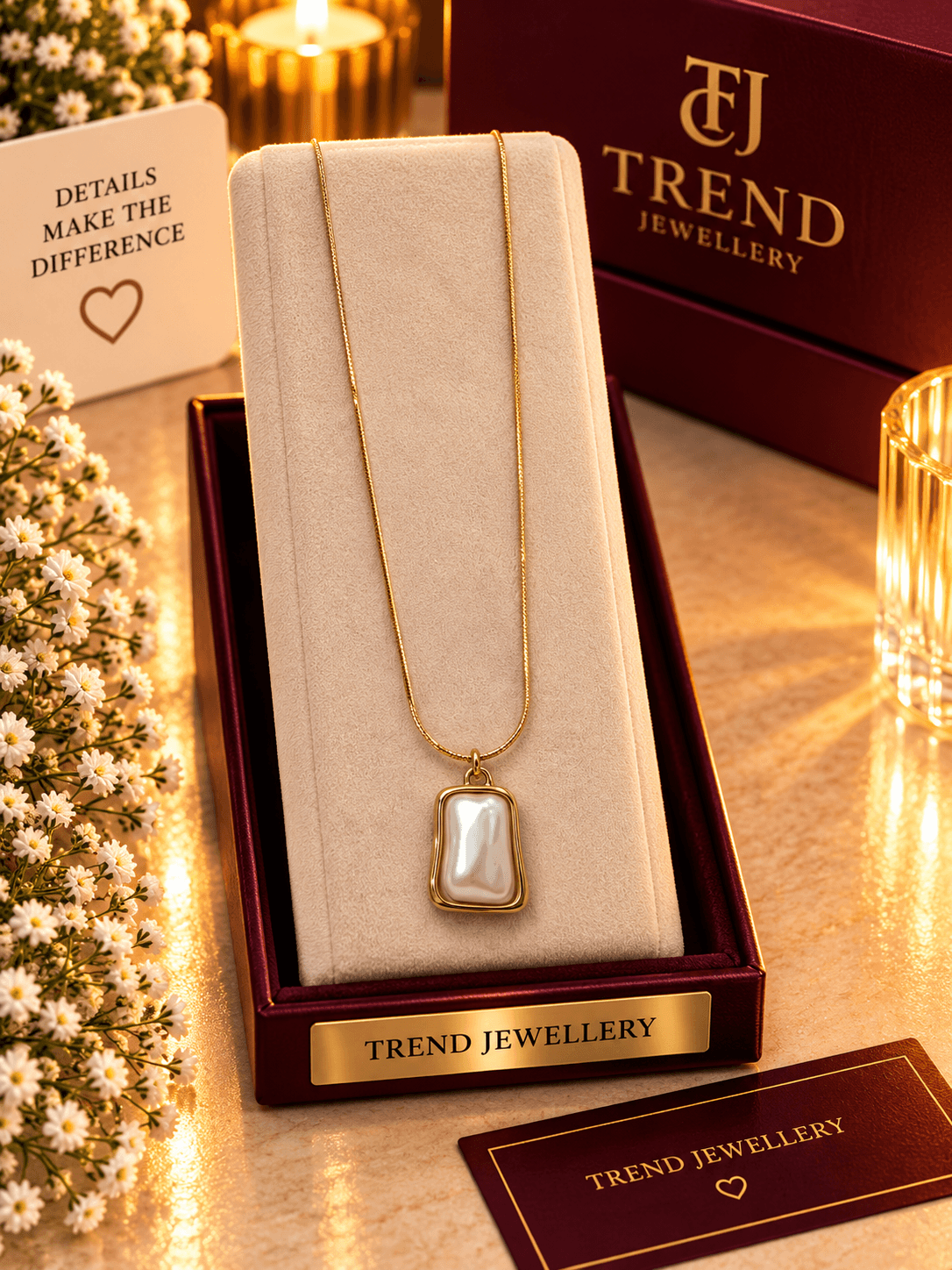 Rectangular Pearl Inlay Pendant Necklace Stainless Steel