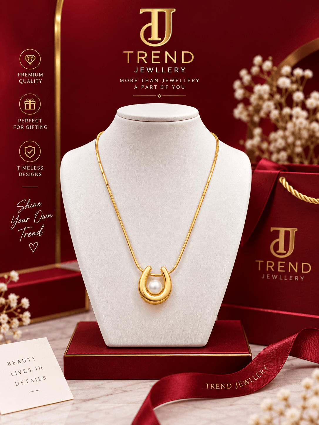 Horseshoe Pearl Pendant Necklace Stainless Steel