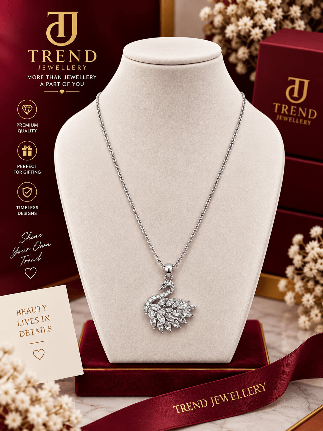 Crystal Swan Pendant Necklace Stainless Steel