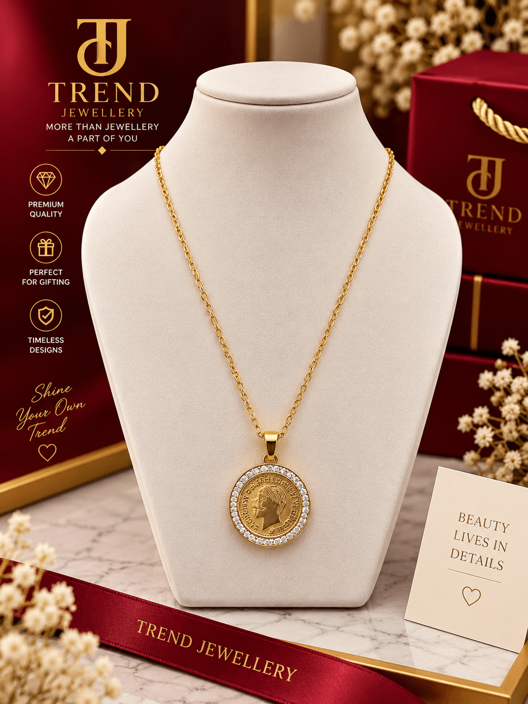 Gold Coin Portrait Crystal Halo Necklace Stainless Steel