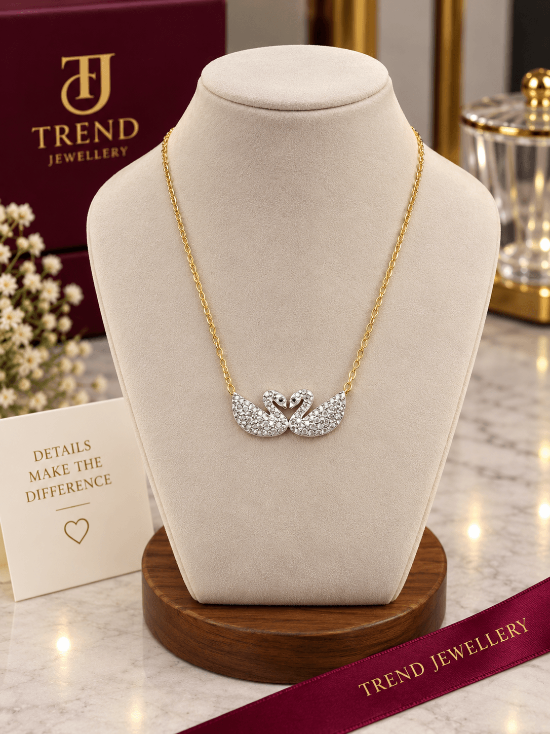 Double Swan Crystal Heart Necklace Stainless Steel