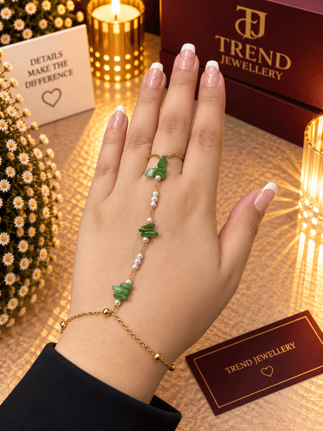 Jade Stone Pearl Cluster Hand Chain Stainless Steel