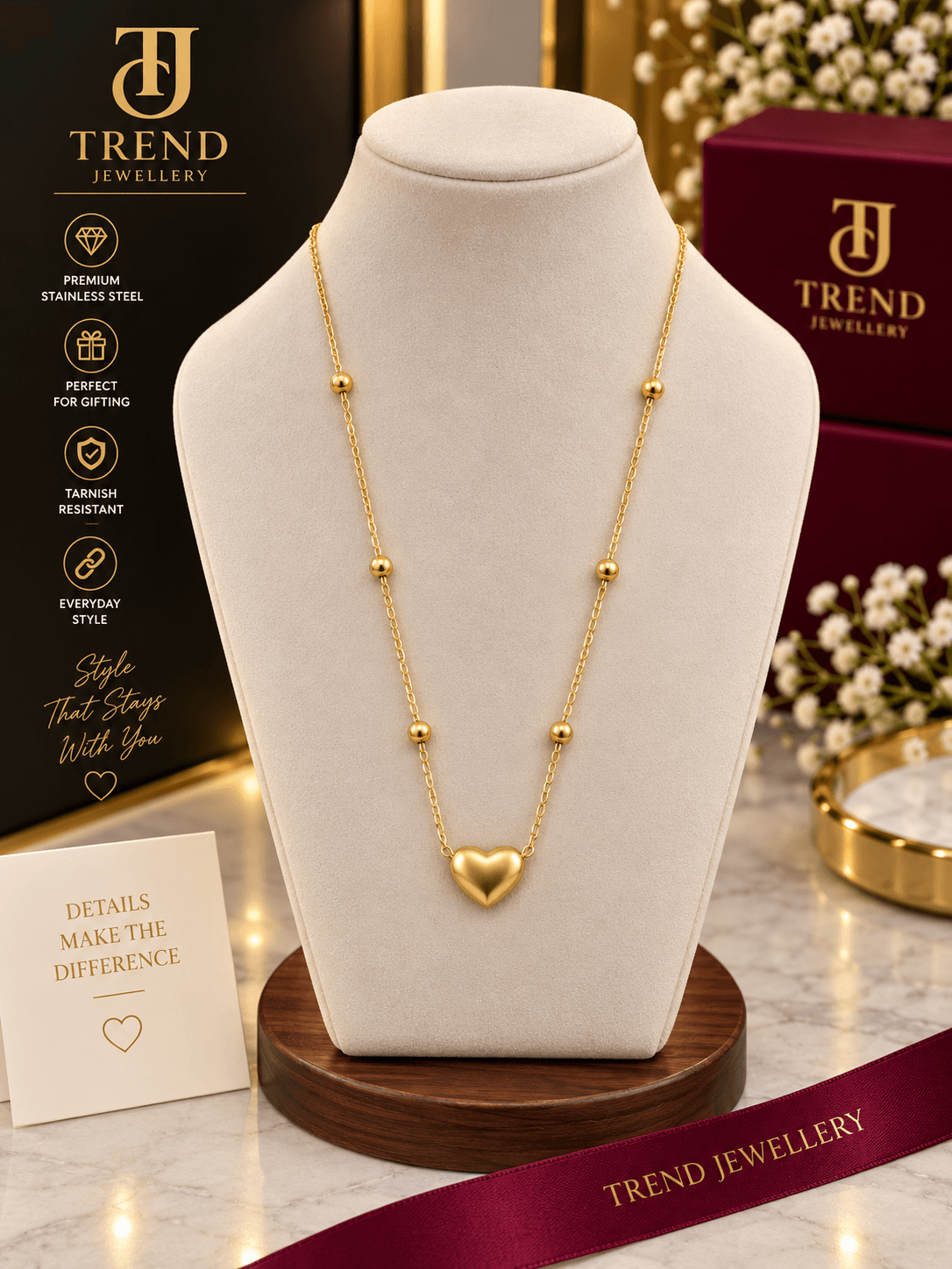 Gold Heart Bead Chain Necklace Stainless Steel