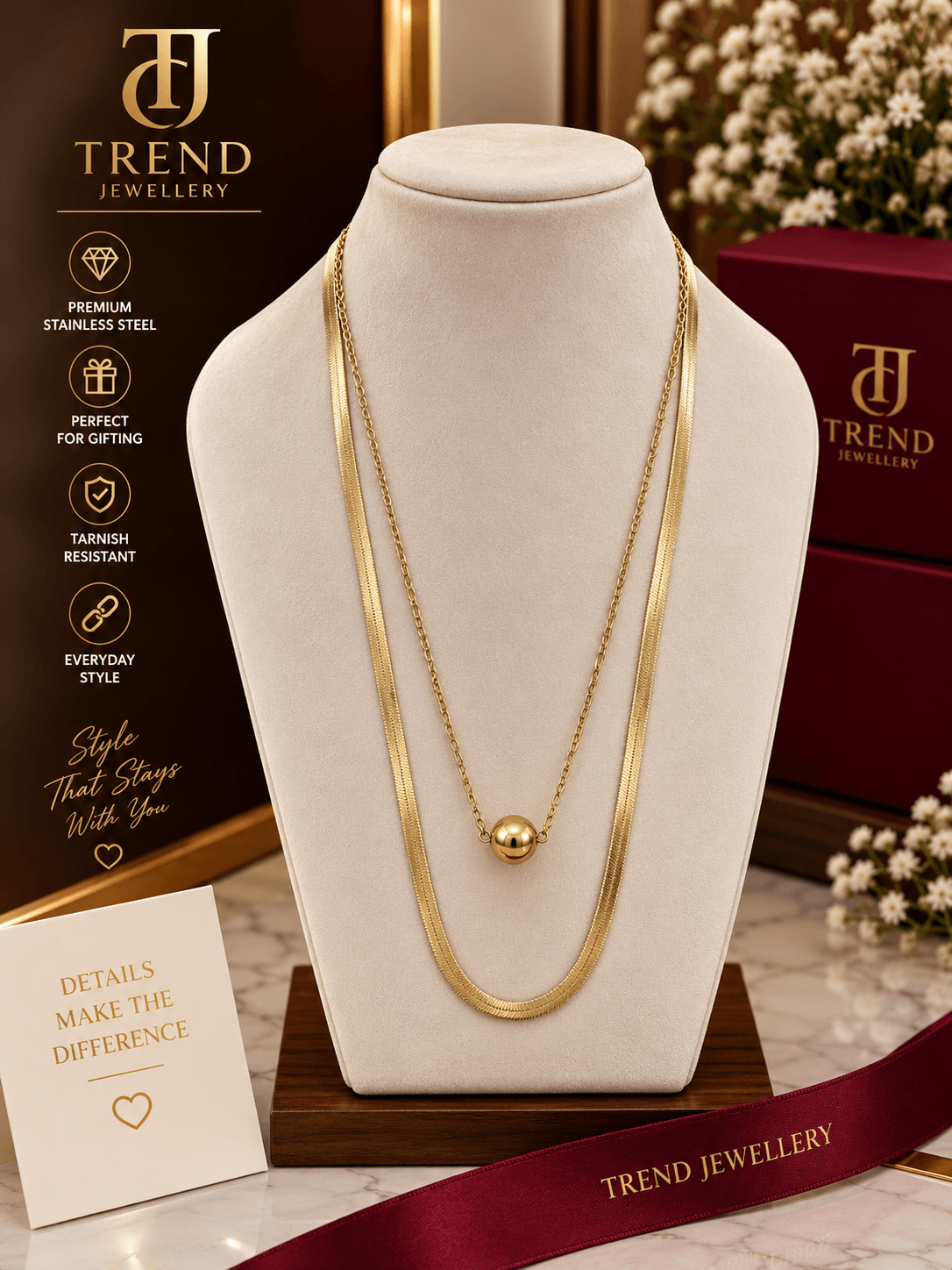Layered Herringbone Sphere Pendant Necklace Stainless Steel