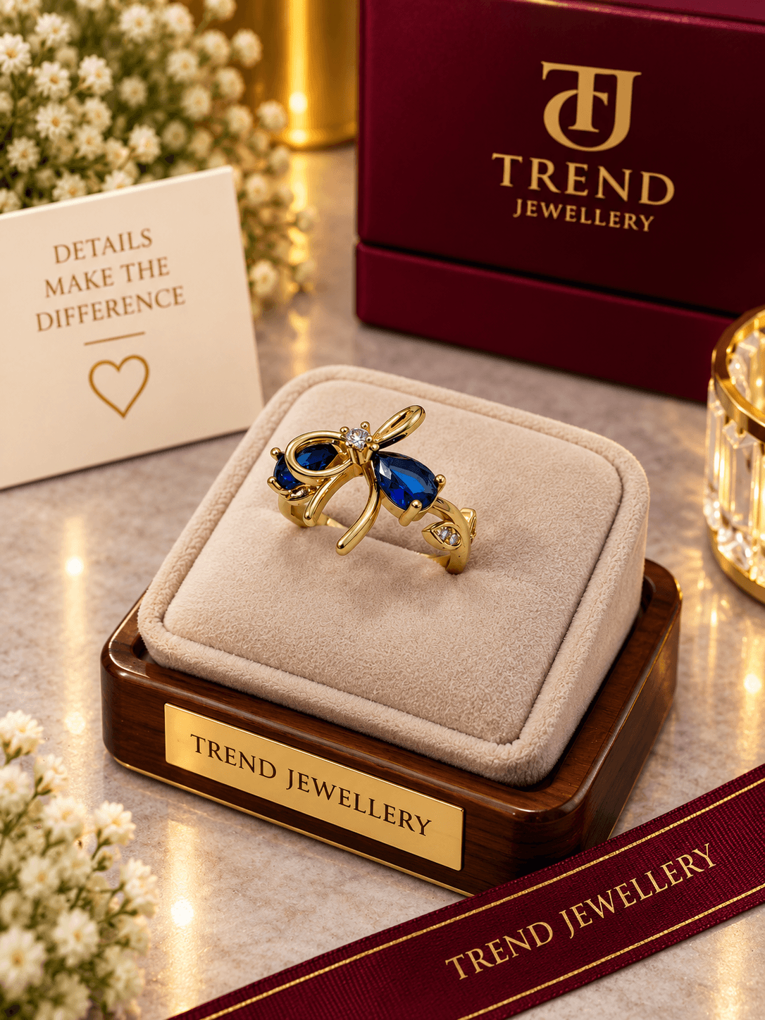 Blue Crystal Teardrop Floral Ring Stainless Steel