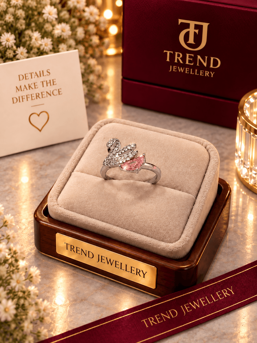 Pink Crystal Swan Ring Stainless Steel