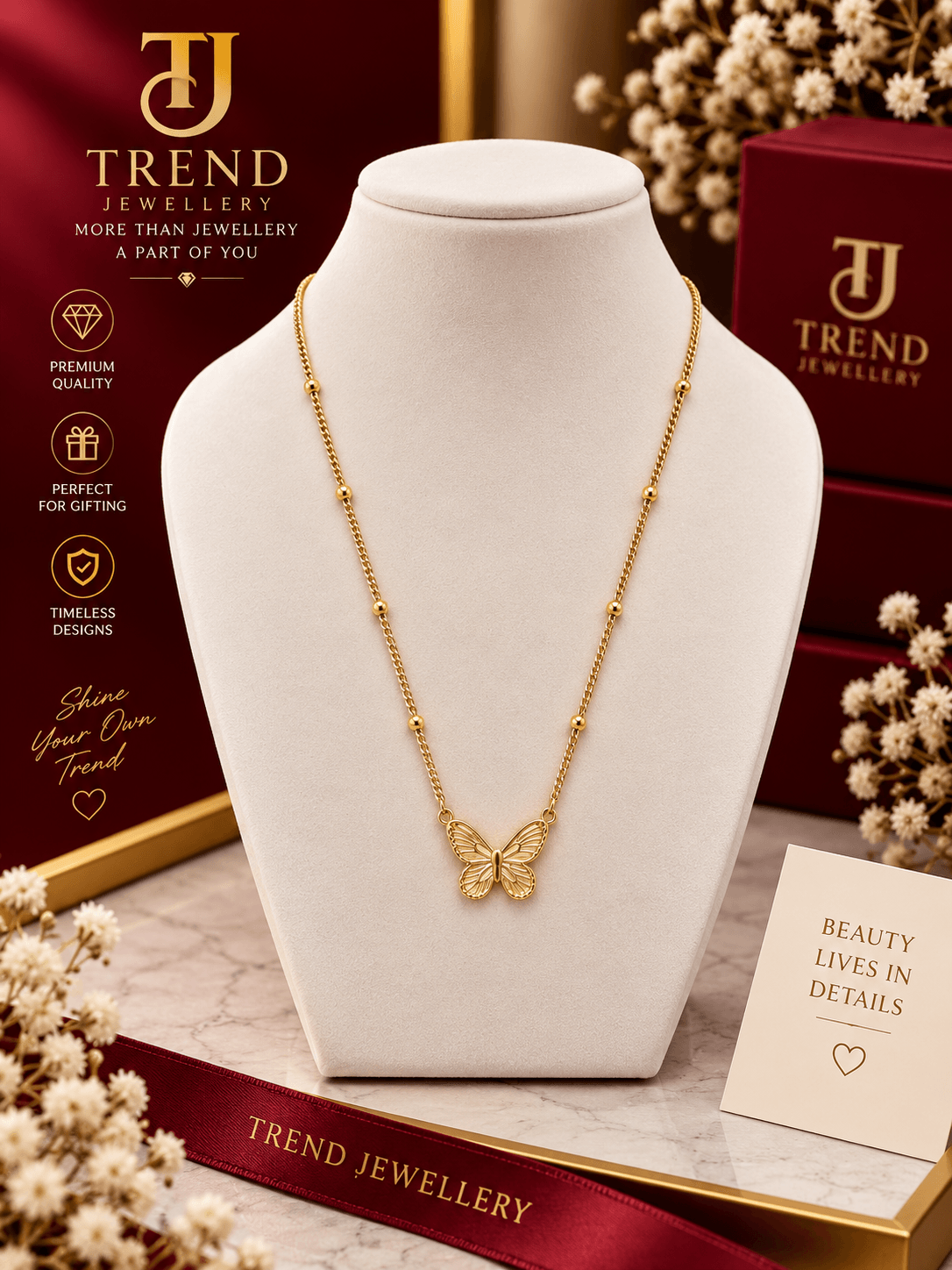 Gold Butterfly Beaded Necklace Stainless Steel