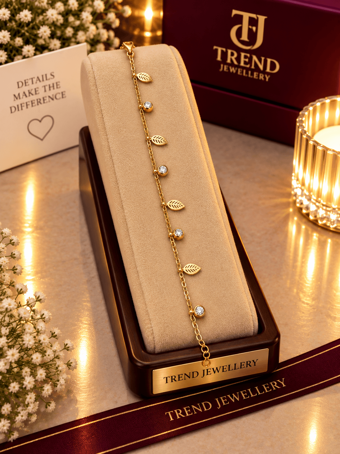 Gold Leaf Crystal Charm Bracelet Stainless Steel