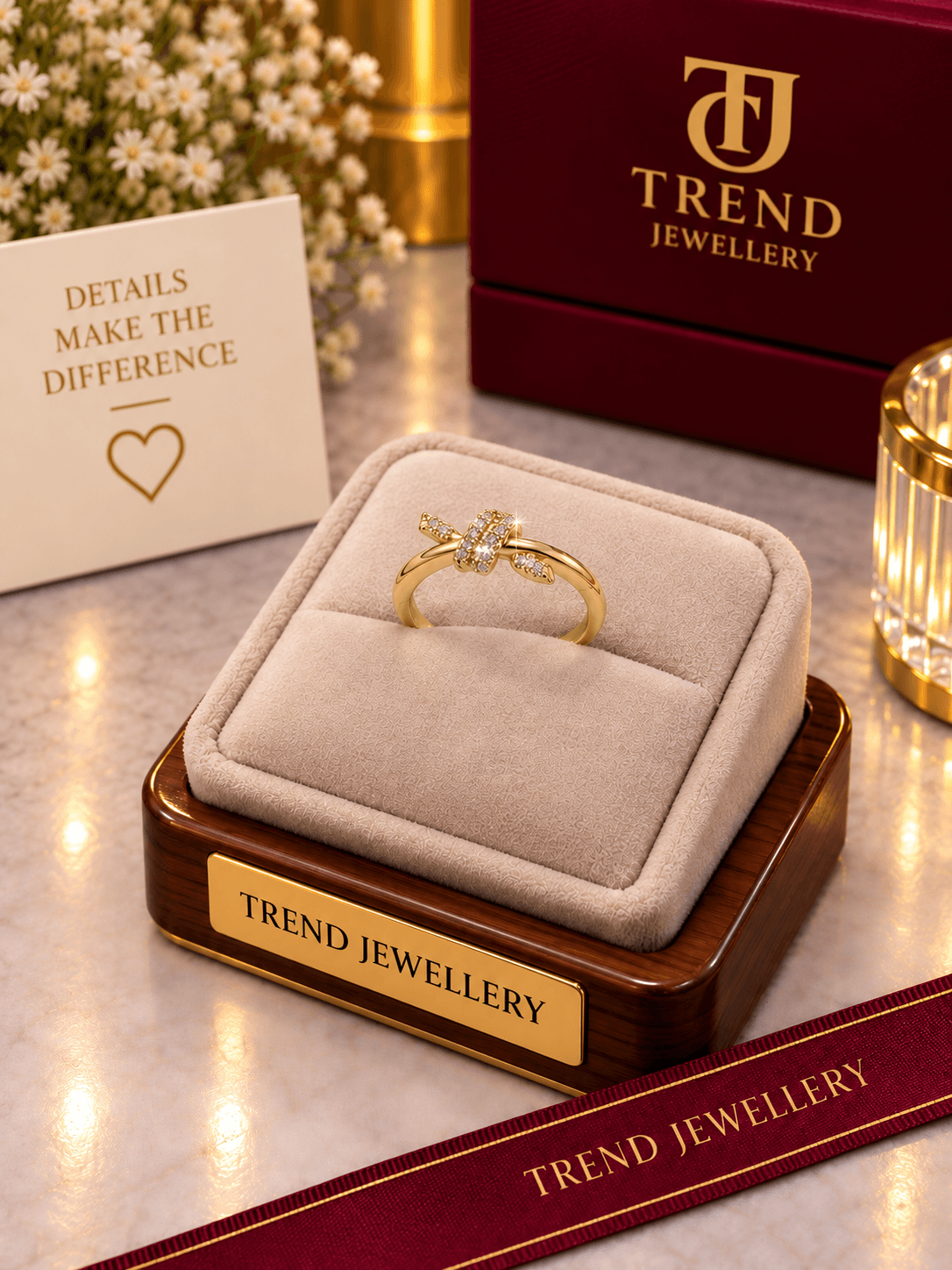 Gold Crystal Knot Bow Ring Stainless Steel