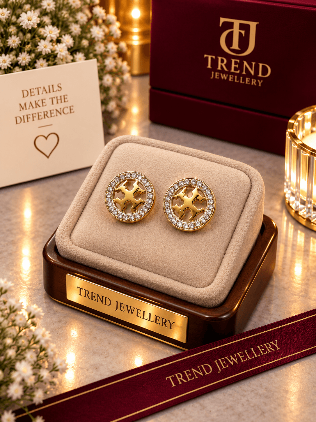 Clover Motif Crystal Halo Stud Earrings Stainless Steel