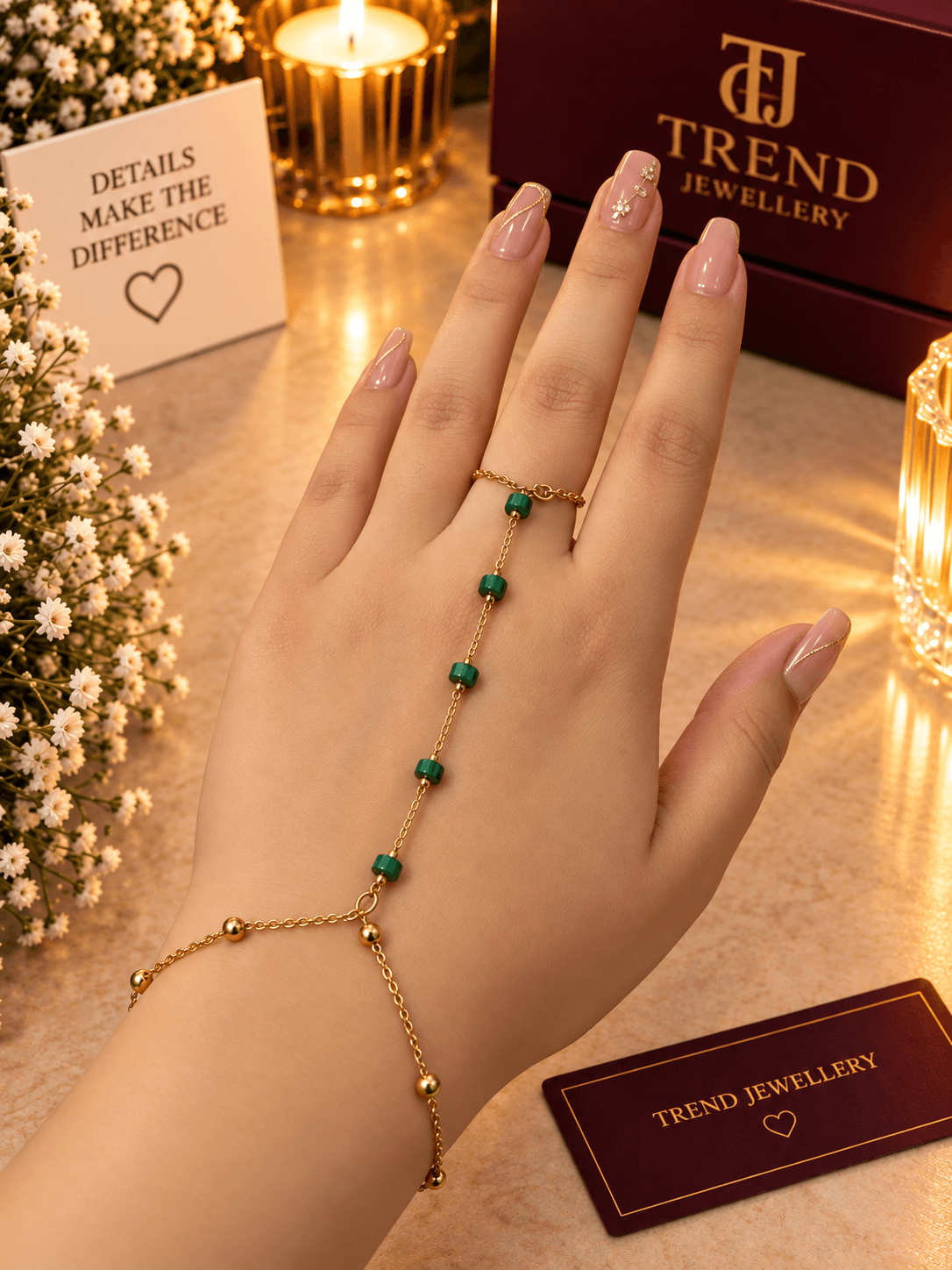 Forest Green Bead Hand Chain Stainless Steel