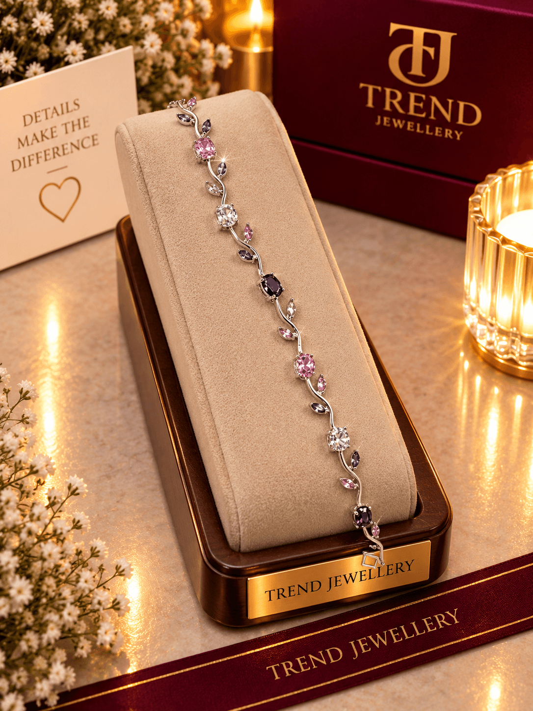 Pink Purple Crystal Floral Vine Bracelet Stainless Steel
