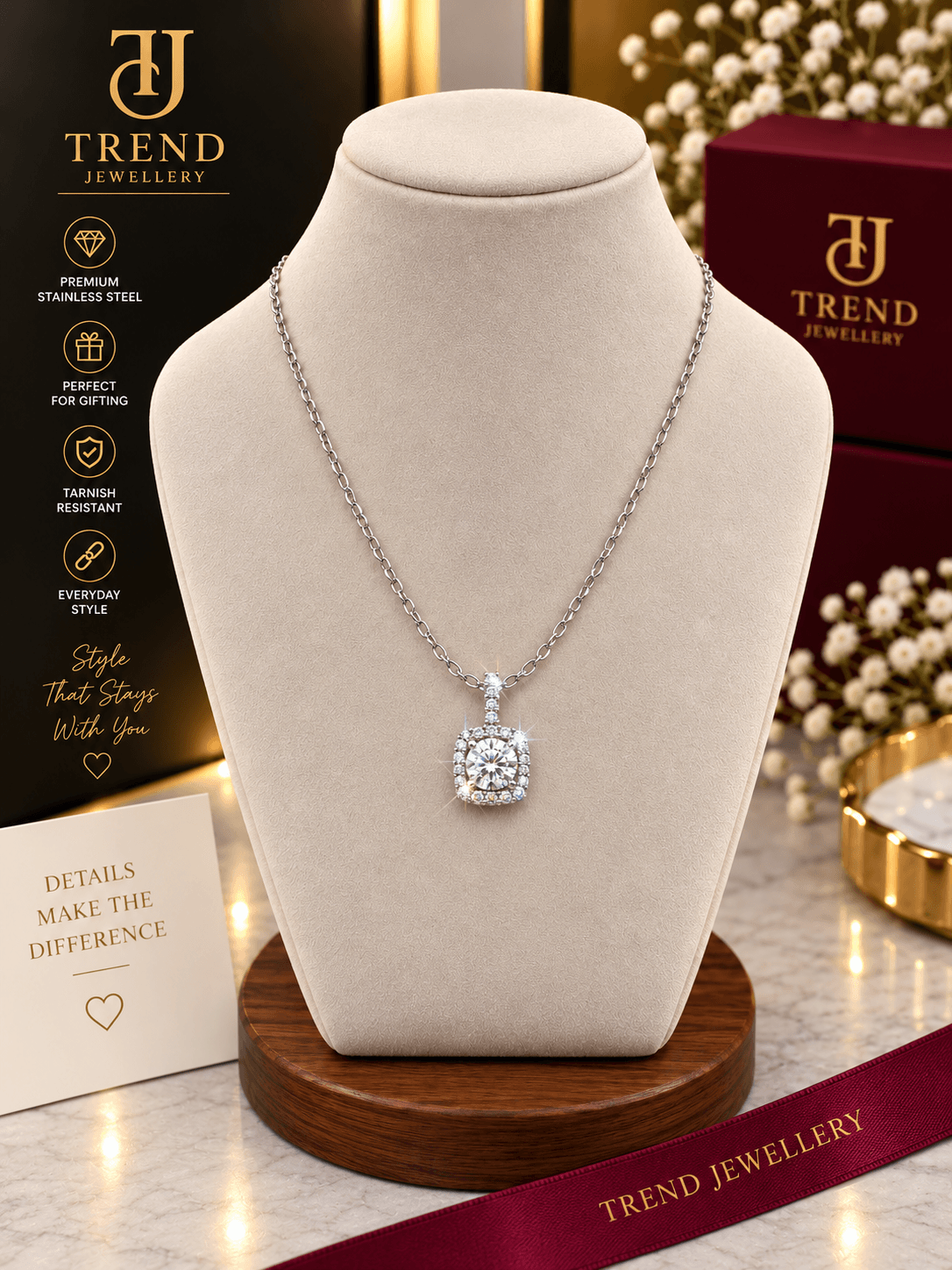 Square Halo Crystal Pendant Necklace Stainless Steel