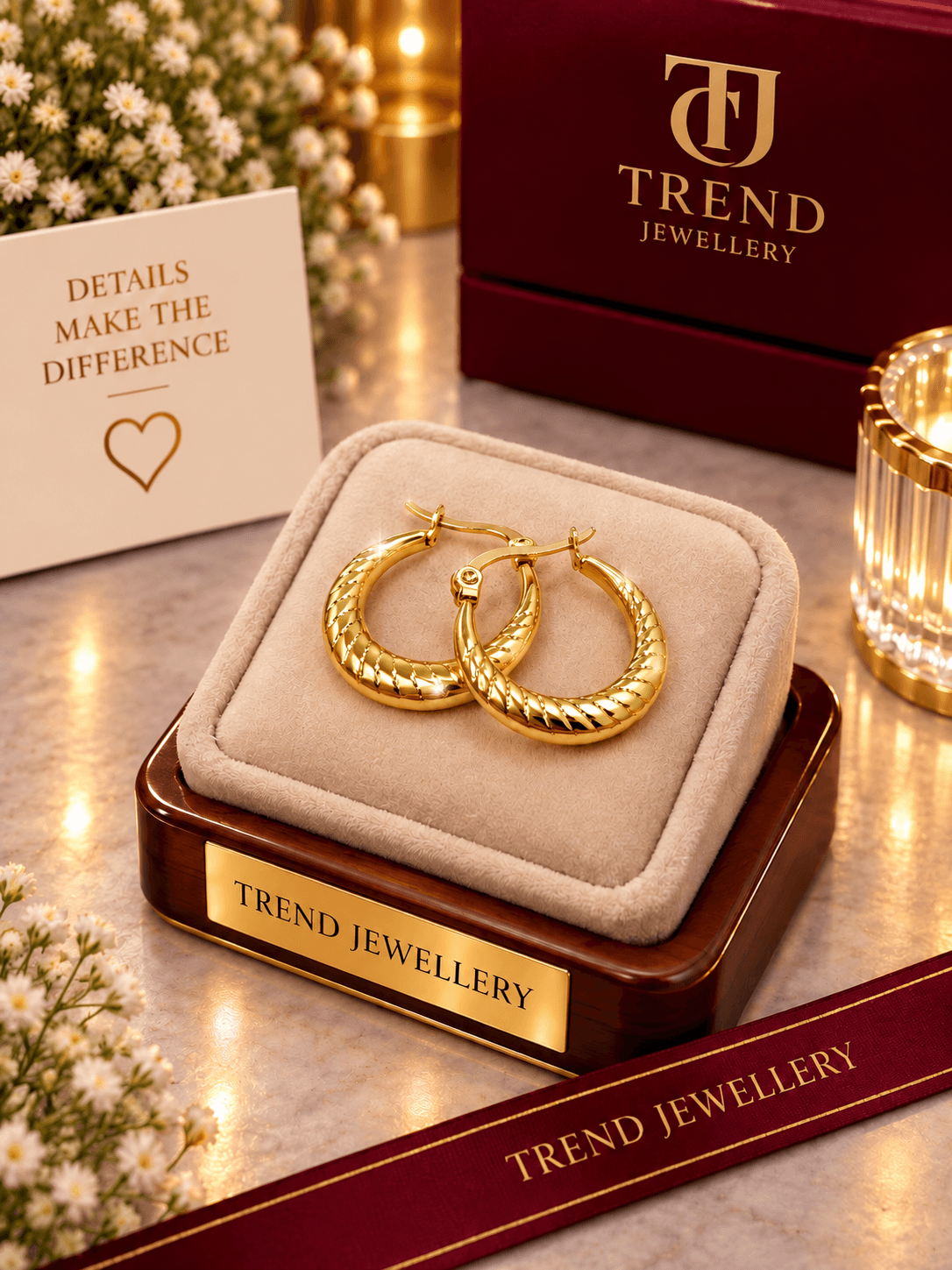 Quilted Gold Hoop Earrings Stainless Steel